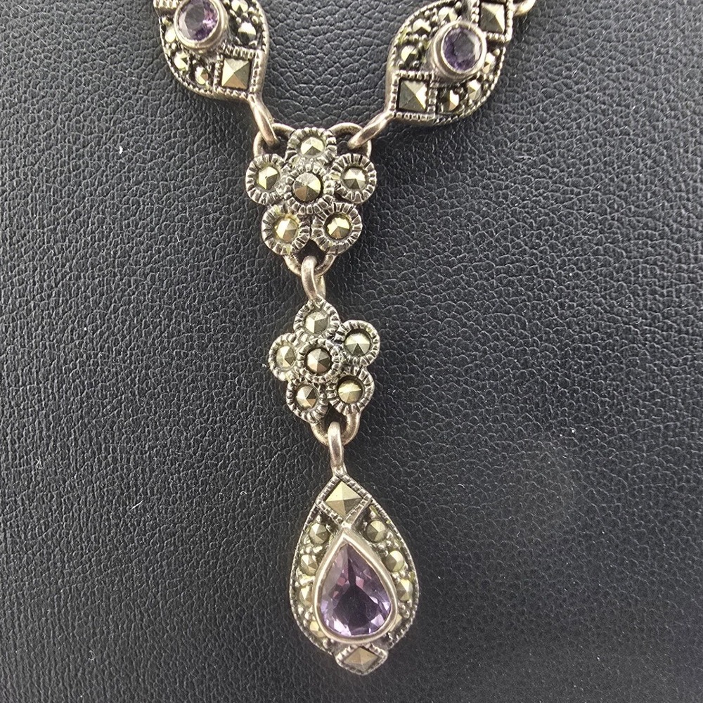 Vintage Estate Necklace Purple Marcasite Sterling Silver Floral Drop 17.5"